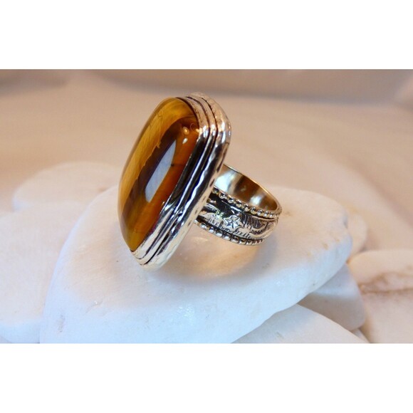 Large Natural Tiger's Eye Sterling Silver Ring Size 8 - Picture 2 of 10